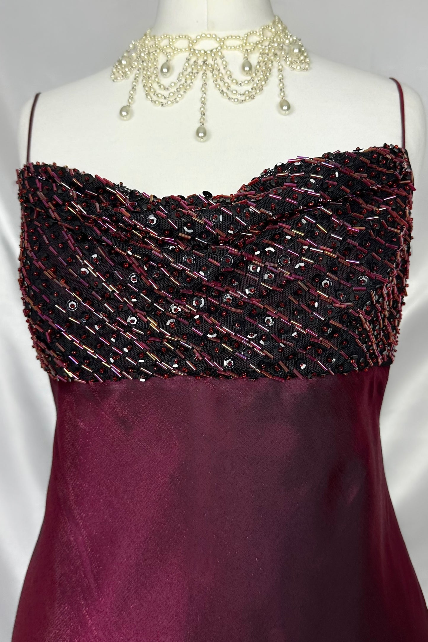 BURGUNDY IRIDESCENT EMBELLISHED COWL MAXI DRESS