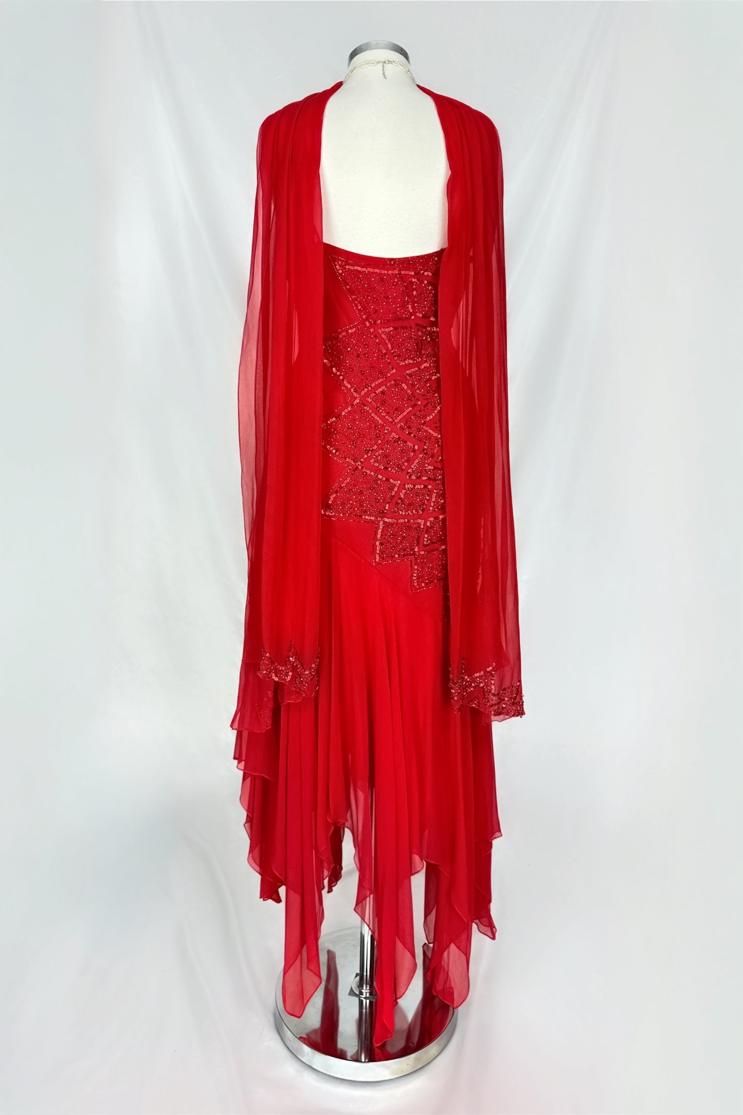 CHERRY RED EMBELLISHED STAR FLOWER SILK MIDAXI DRESS WITH MATCHING SCARF