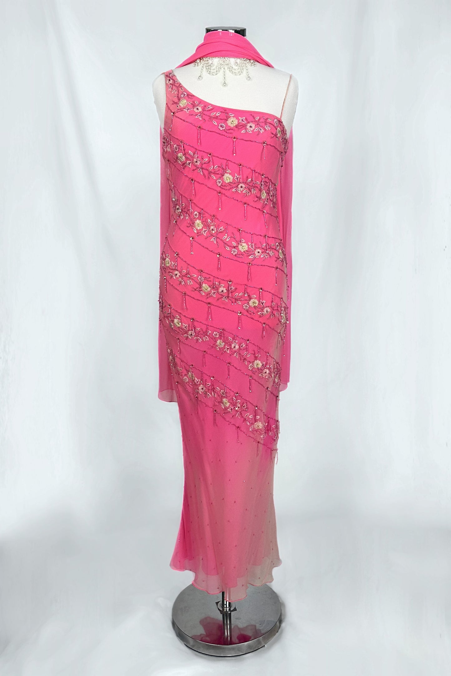 FLORAL CASCADE PINK EMBELLISHED SILK MIDI DRESS & SCARF SET