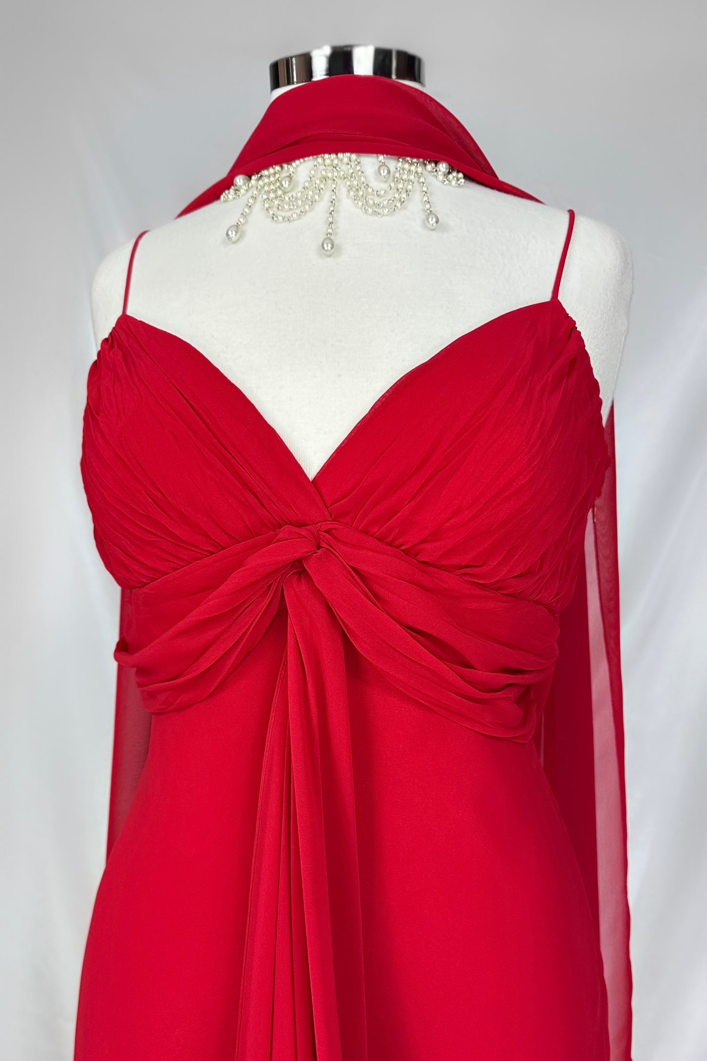 CRIMSON DRAPED BUST MAXI DRESS WITH MATCHING SCARF