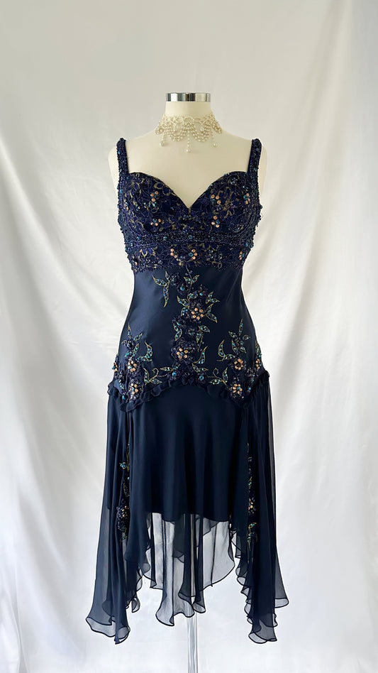MIDNIGHT BLUE BLOSSOM EMBELLISHED SILK MIDI DRESS