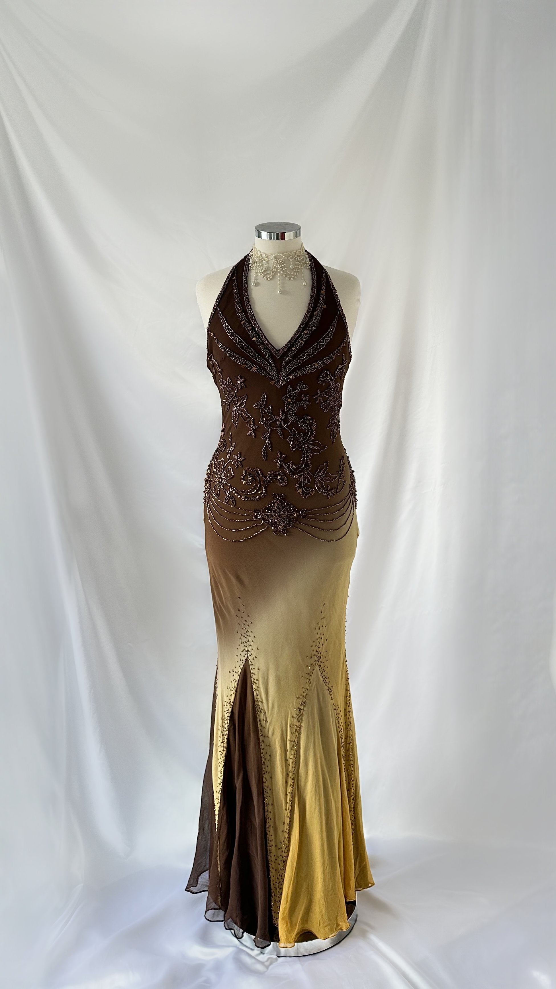 Orintha | Brown Slashed-Neck Maxi Dress With Cape And Gold-Detail