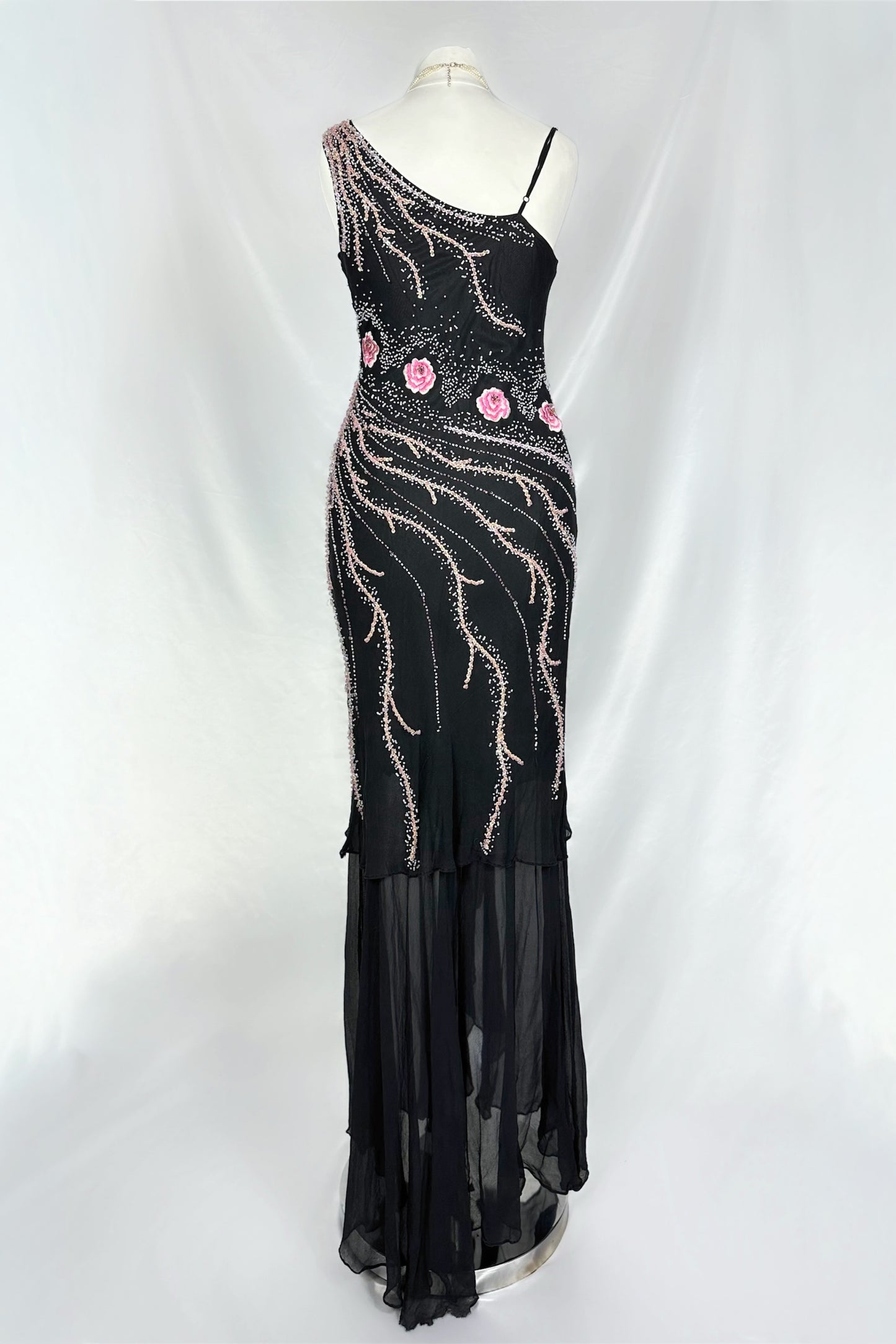 BLACK & PINK BLOSSOM EMBELLISHED SILK MAXI DRESS