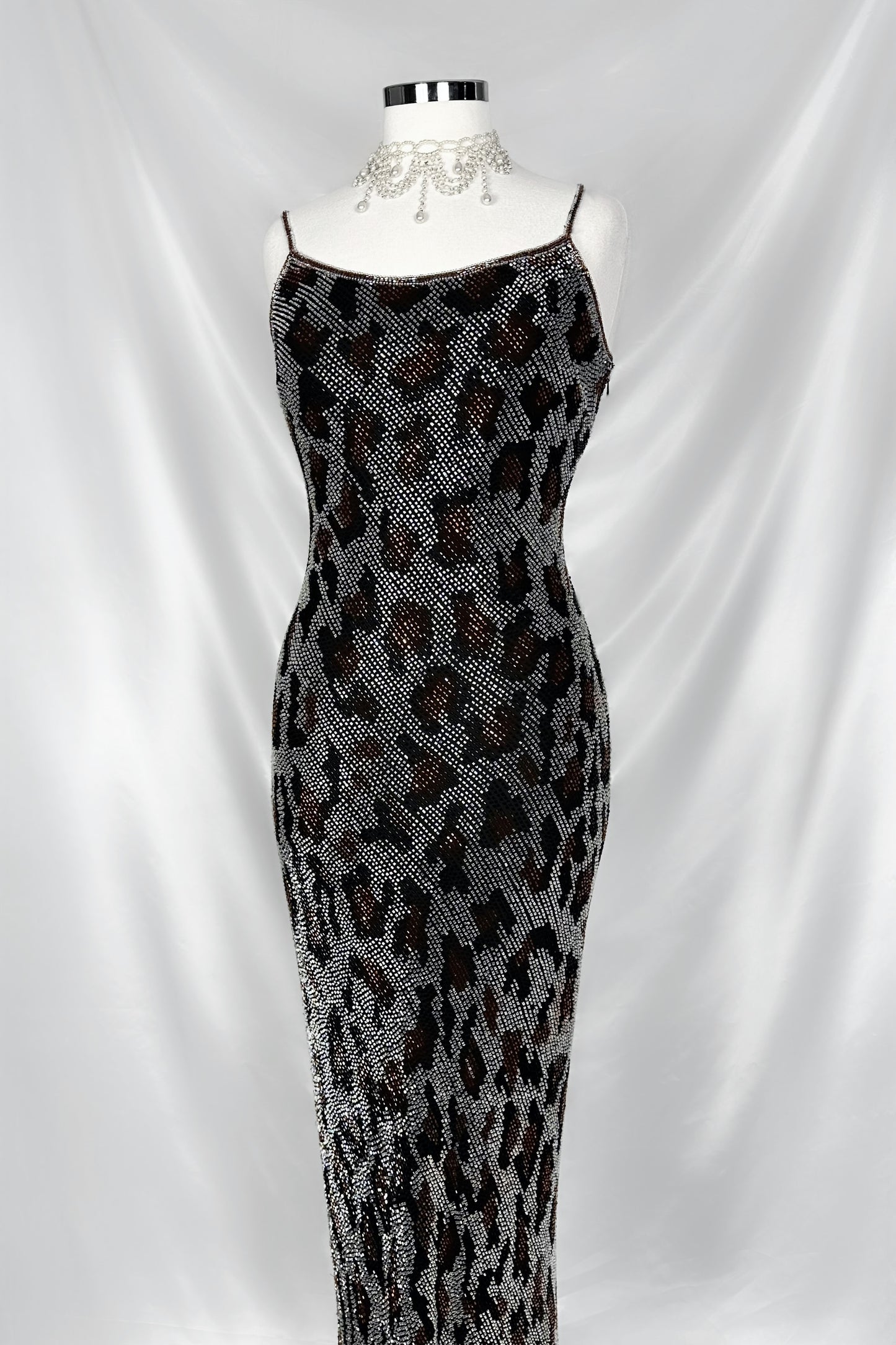STEEL GREY LEOPARD FANTASY EMBELLISHED SILK GOWN