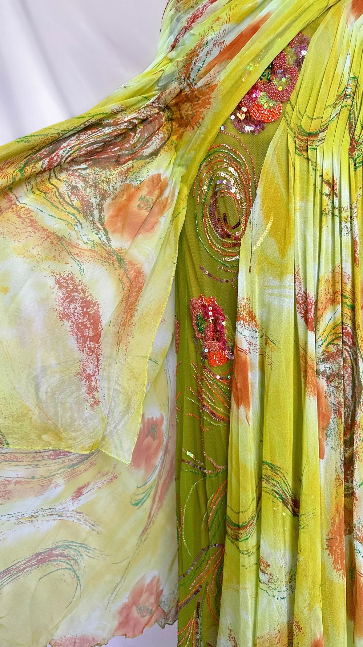 SPRING GREEN CUT OUT DRAPED SILK EMBELLISHED GOWN