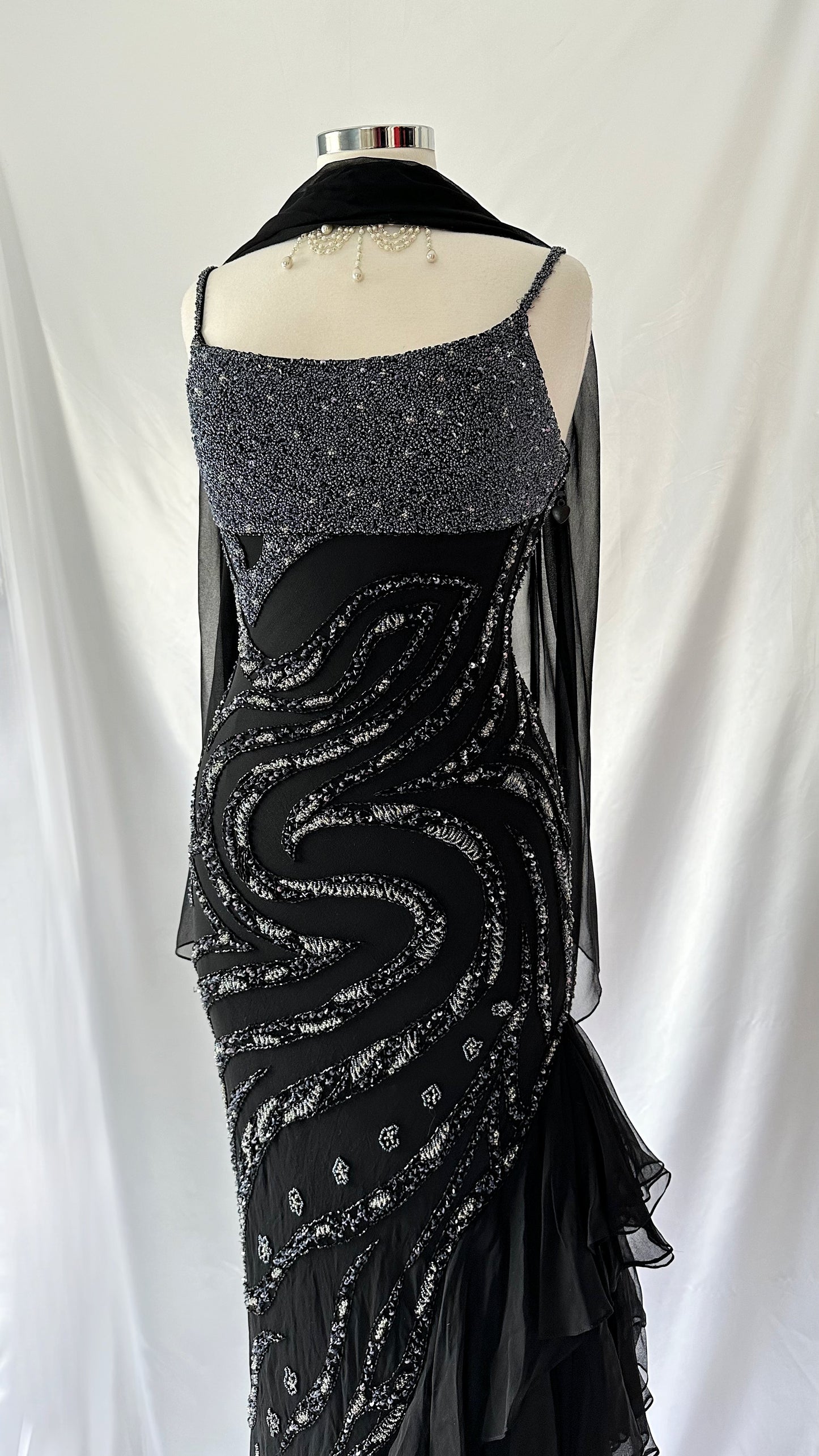 DARK RUFFLES EMBELLISHED SILK DRESS & SCARF SET