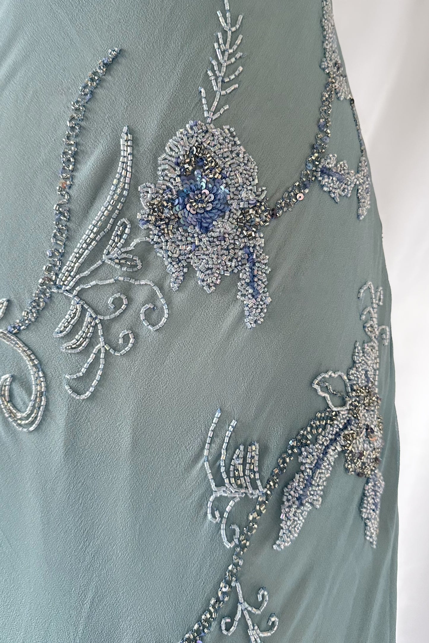 ICE BLUE ASYMMETRICAL FLORAL EMBELLISHED MIDI DRESS