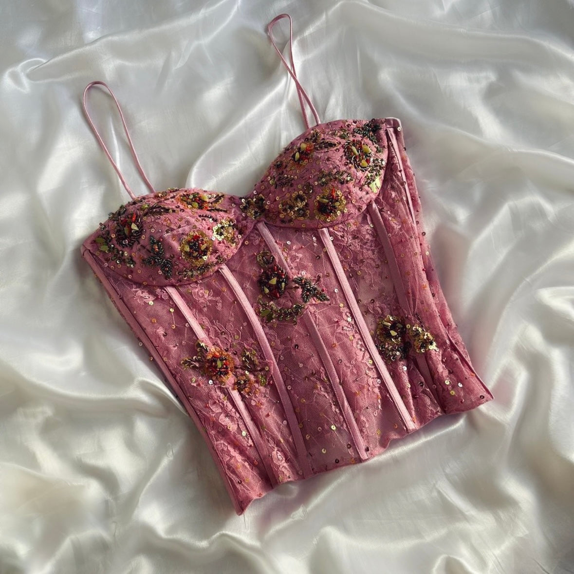 EMBELLISHED LUXURY FRENCH LACE PINK CORSET