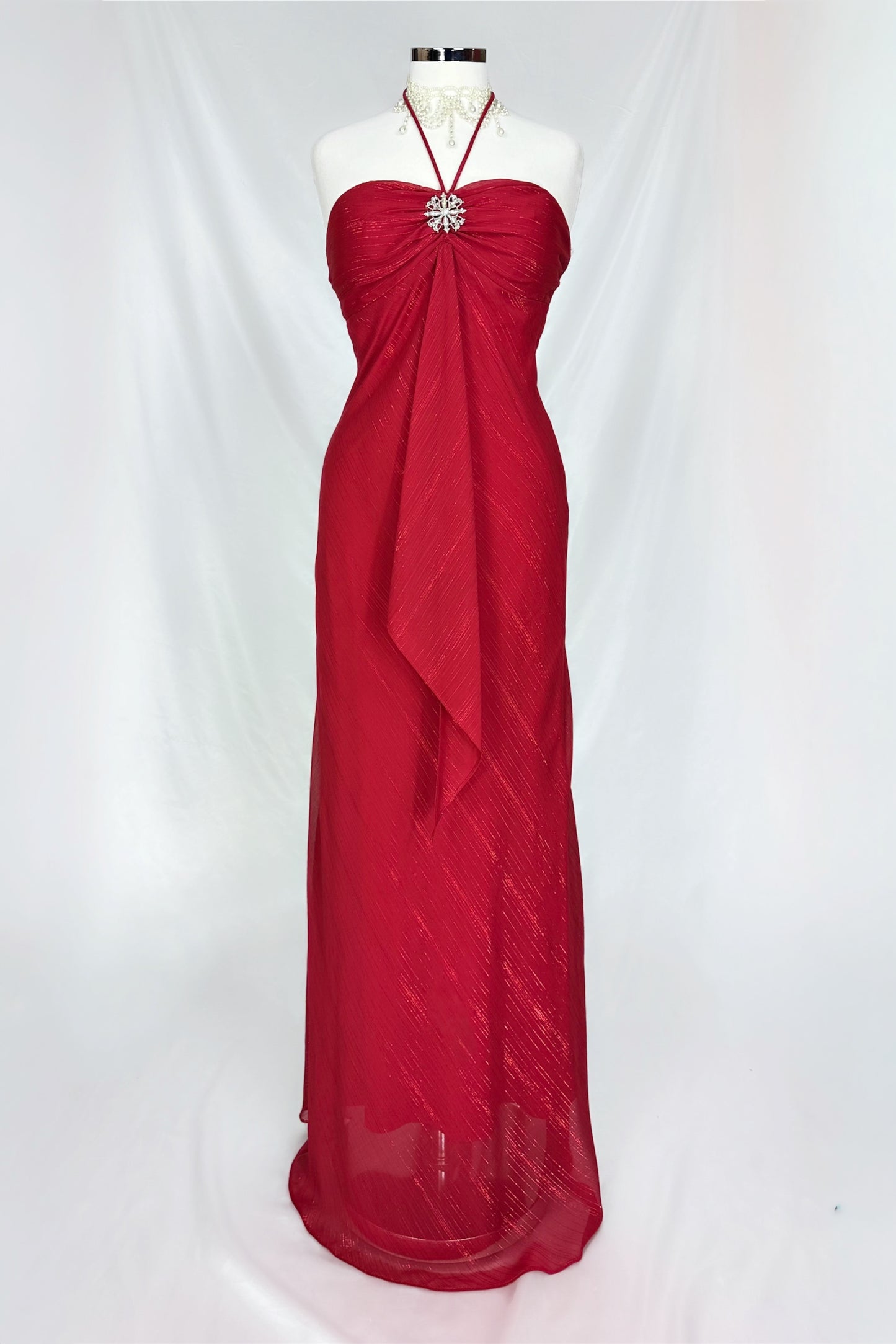 SCARLET SHIMMER HALTER-NECK MAXI DRESS