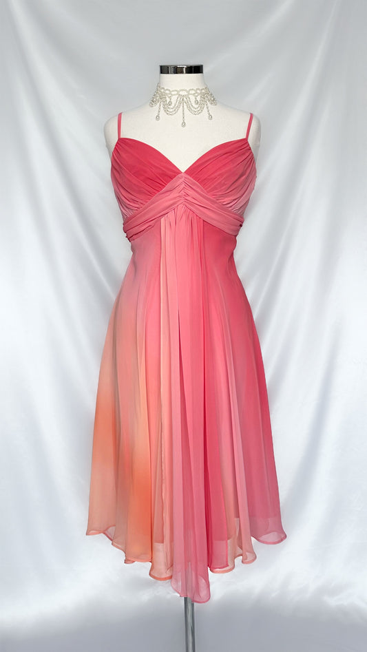 RUCHED SUNSET CHIFFON MIDI DRESS