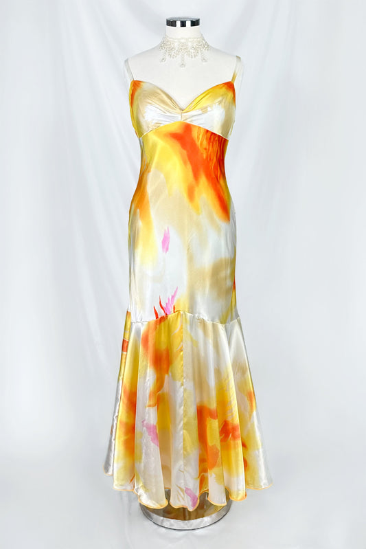 SUNSET SOIRÉE SATIN BACKLESS TIE DYE MAXI DRESS