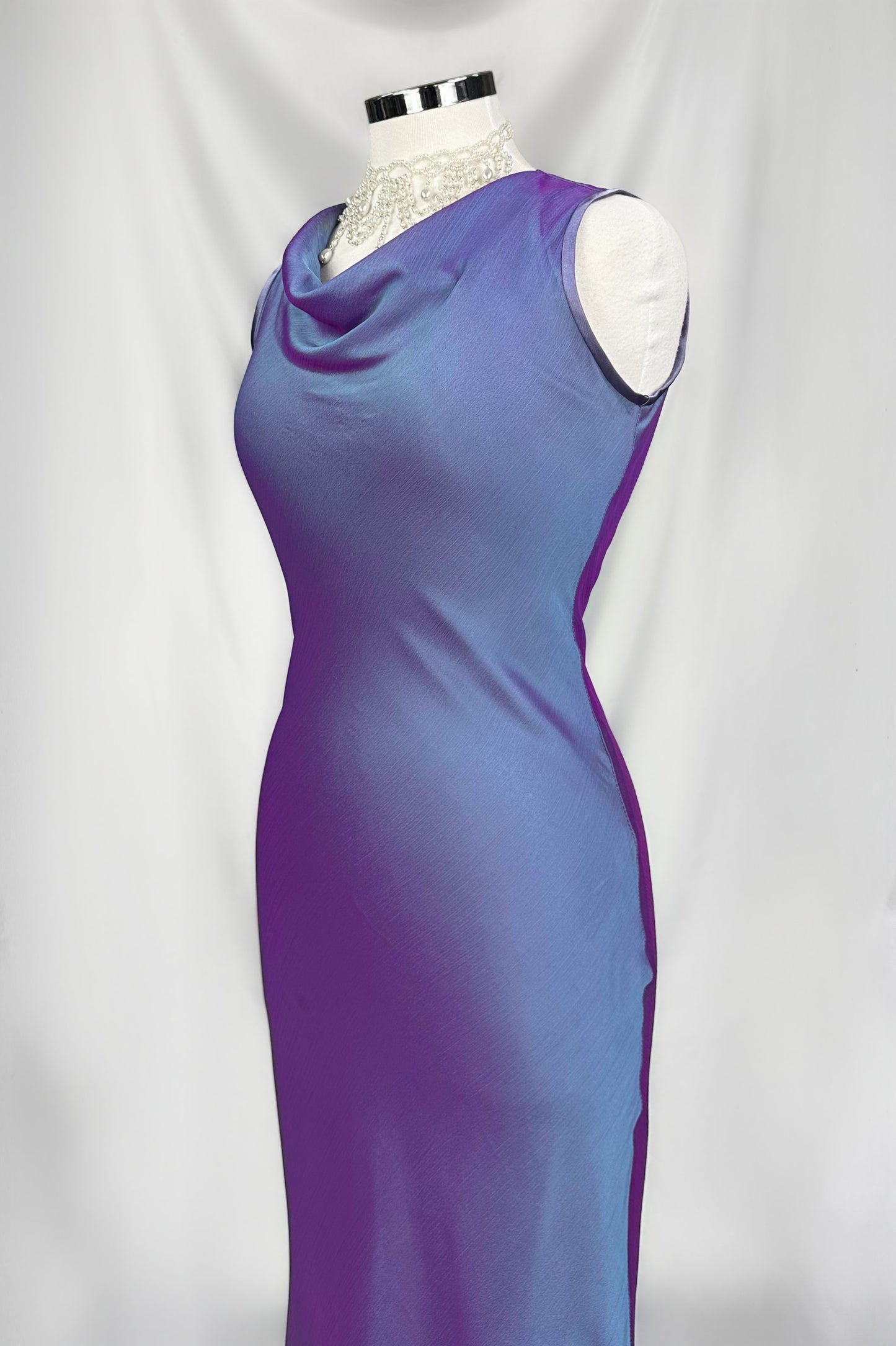IRIDESCENT MOON PERIWINKLE & VIOLET COWL MIDI DRESS