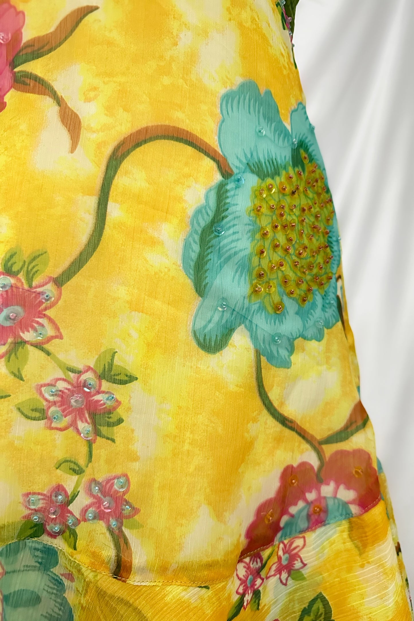 Golden Watercolour Floral Chiffon Halter Dress