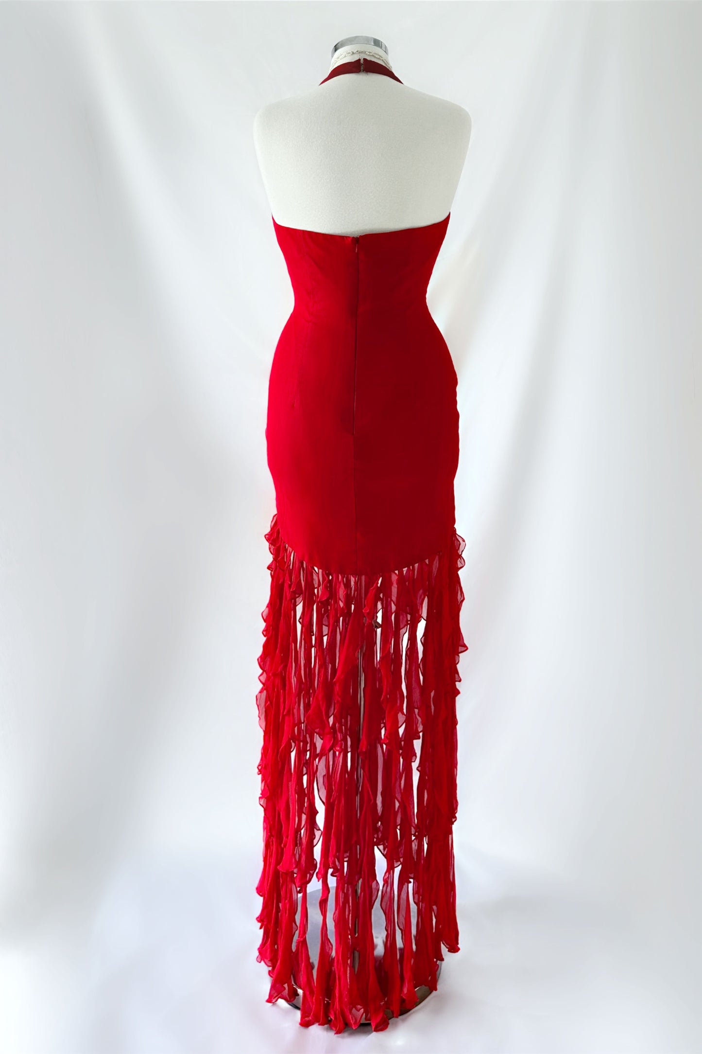 Red Rose Ruffle Jellyfish Silk Maxi Dress