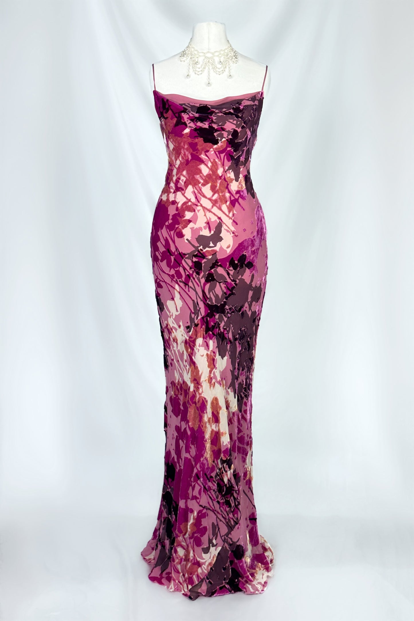 FUSCHIA FLORALS VELVET SILK DEVORE MAXI DRESS WITH SHAWL