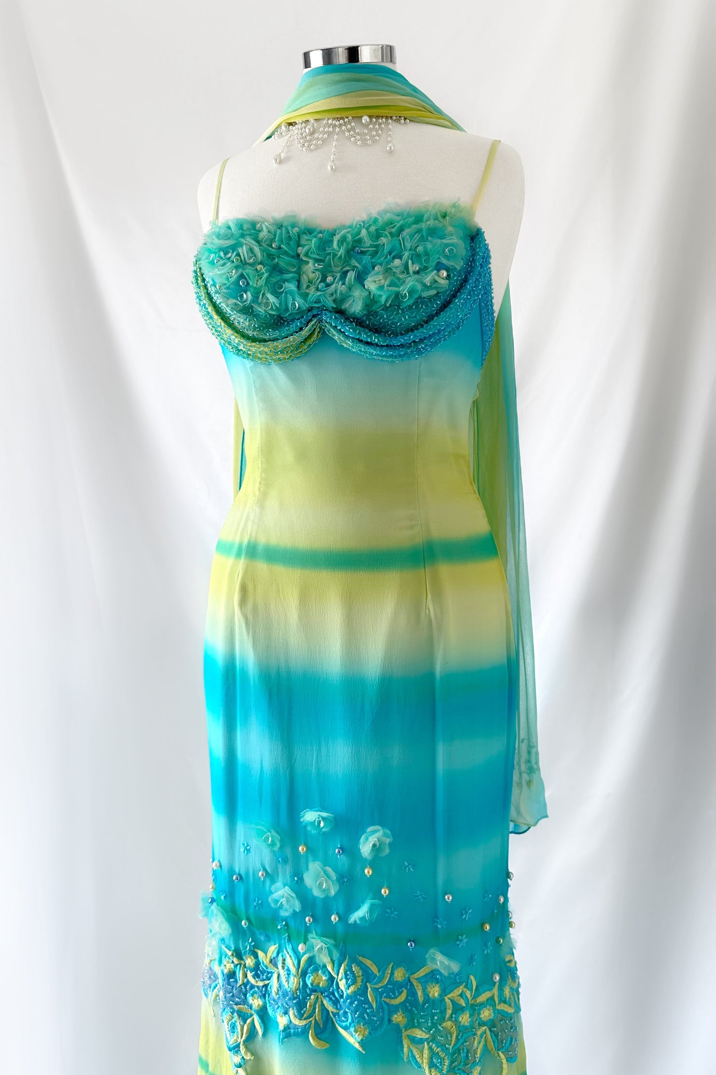 BEACH TROPICS SILK EMBELLISHED GOWN & SCARF SET