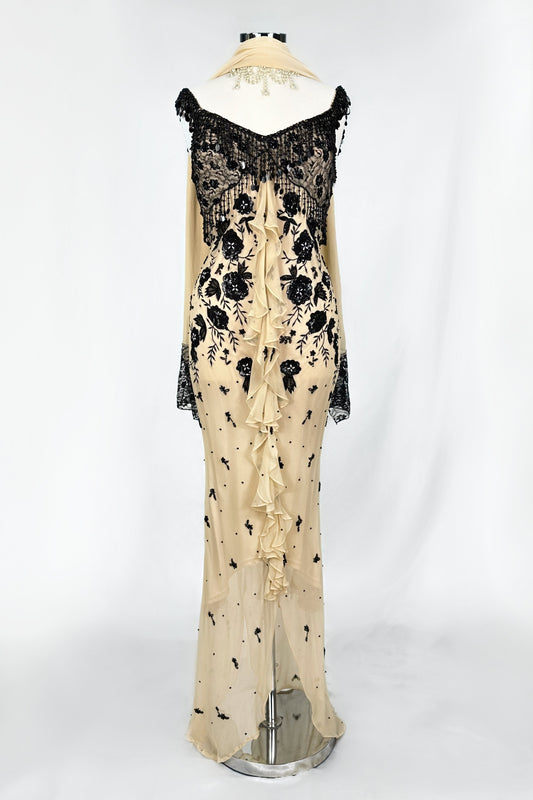 BLACK DAHLIA ROSE RUFFLE EMBELISHED SILK GOWN & SCART SET