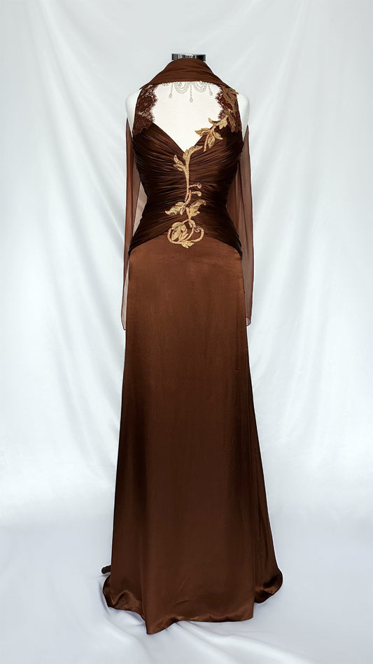 CHOCOLATE FAIRYTALE SILK VINE BACK CUT OUT MAXI DRESS WITH MATCHING SCARF