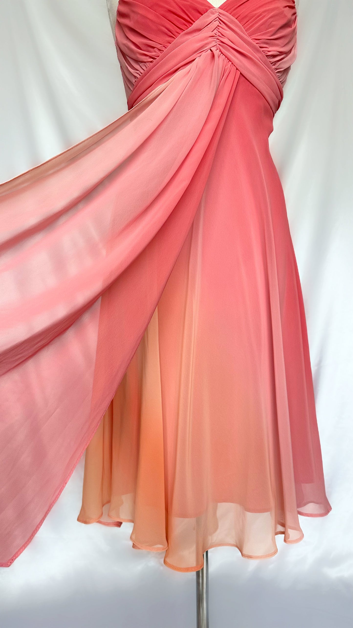 RUCHED SUNSET CHIFFON MIDI DRESS