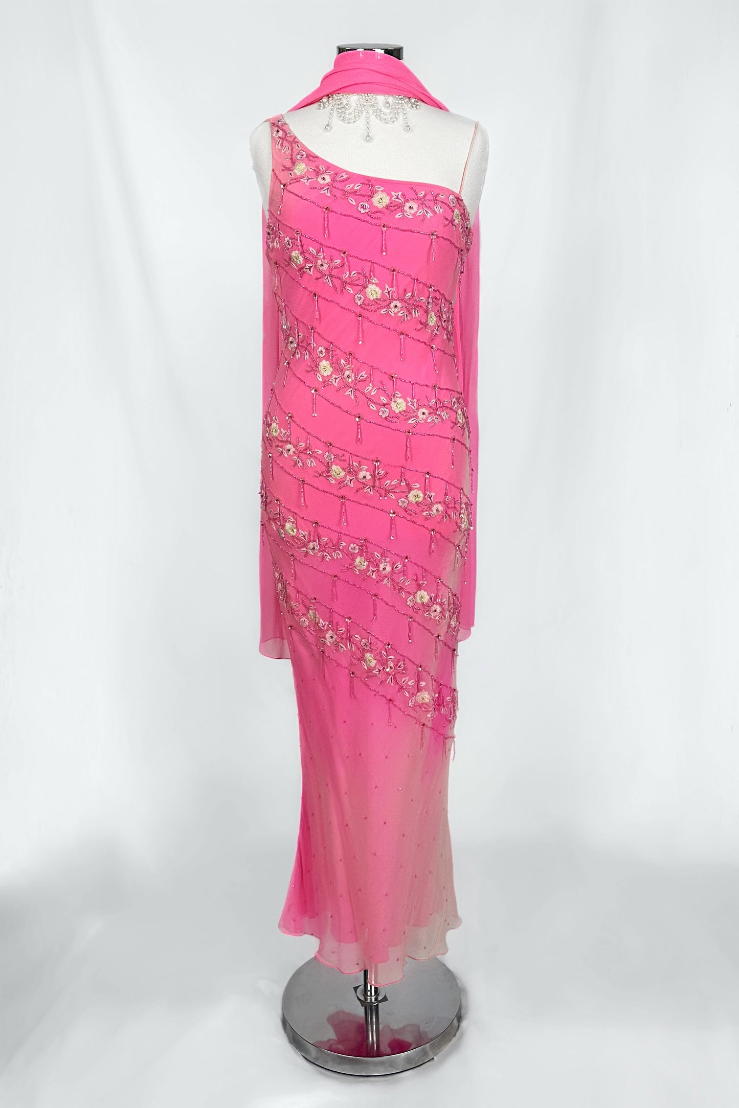 FLORAL CASCADE PINK EMBELLISHED SILK MIDI DRESS & SCARF SET