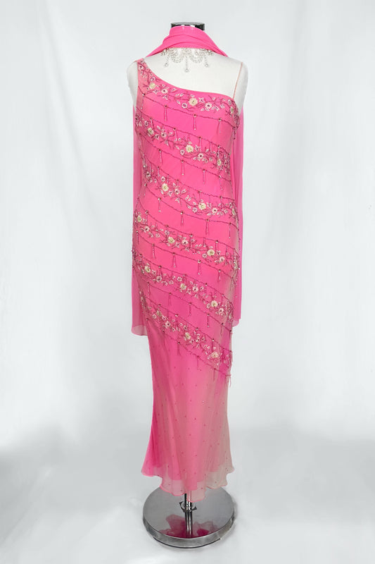 FLORAL CASCADE PINK EMBELLISHED SILK MIDI DRESS & SCARF SET
