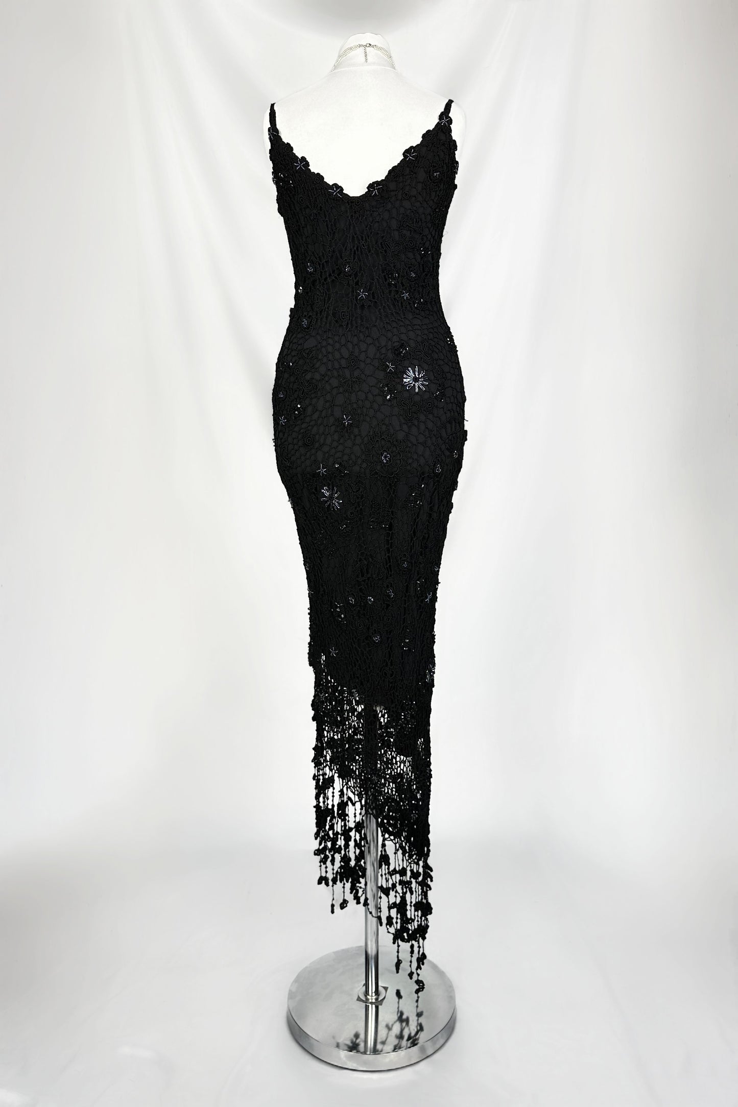 MIDNIGHT SIREN BLACK CROCHET BEADED MIDAXI DRESS & MATCHING CARDIGAN