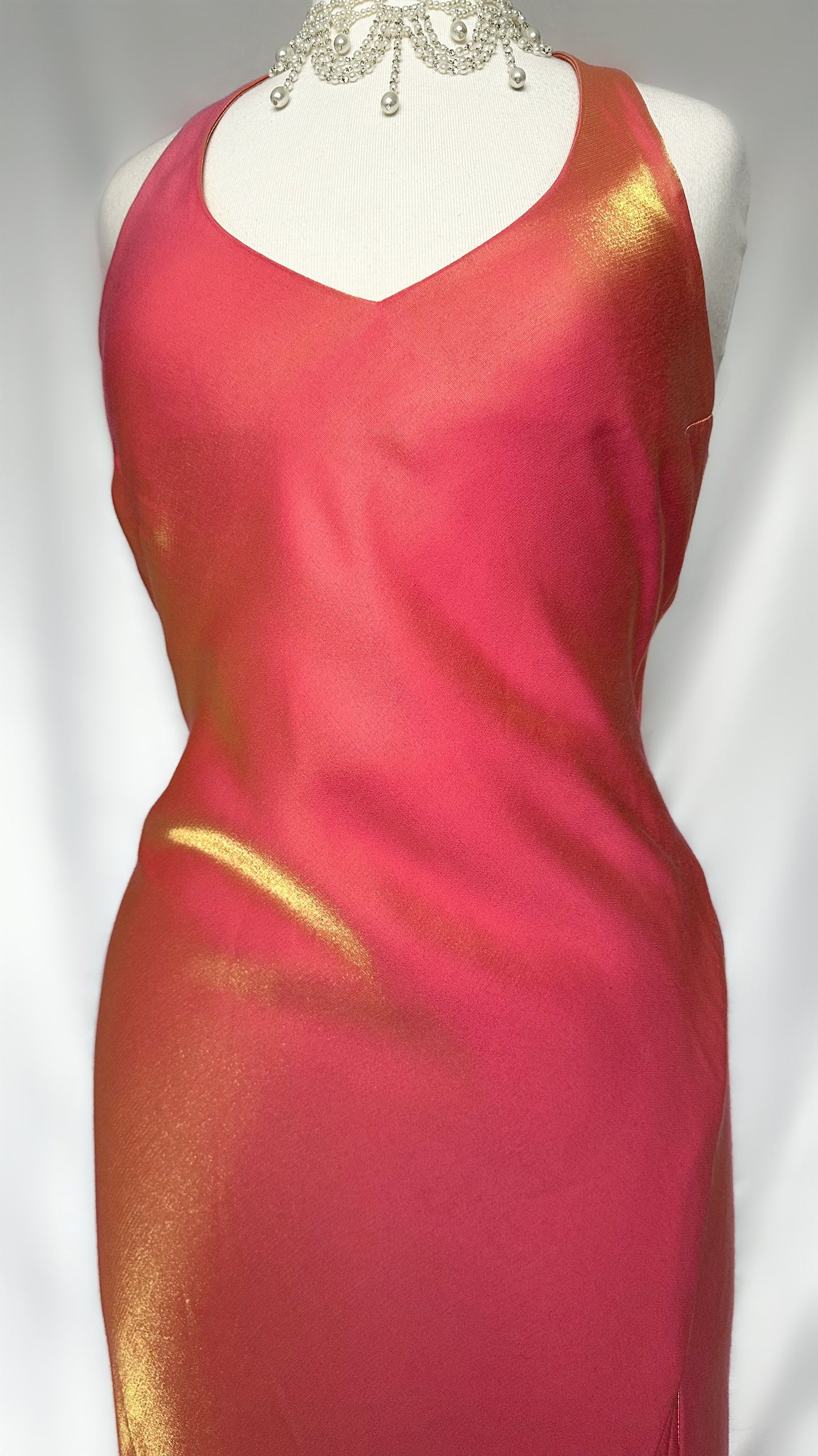 FIERY IRIDESCENT GUAVA HALTER NECK DRESS WITH LEG SLIT