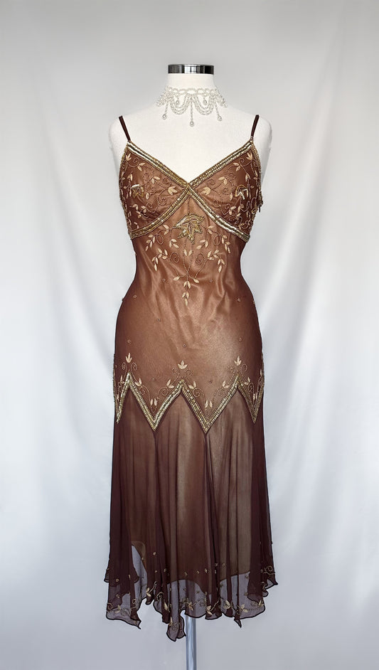 CHESTNUT BROWN & GOLD SILK  EMBELLISHED MIDI DRESS