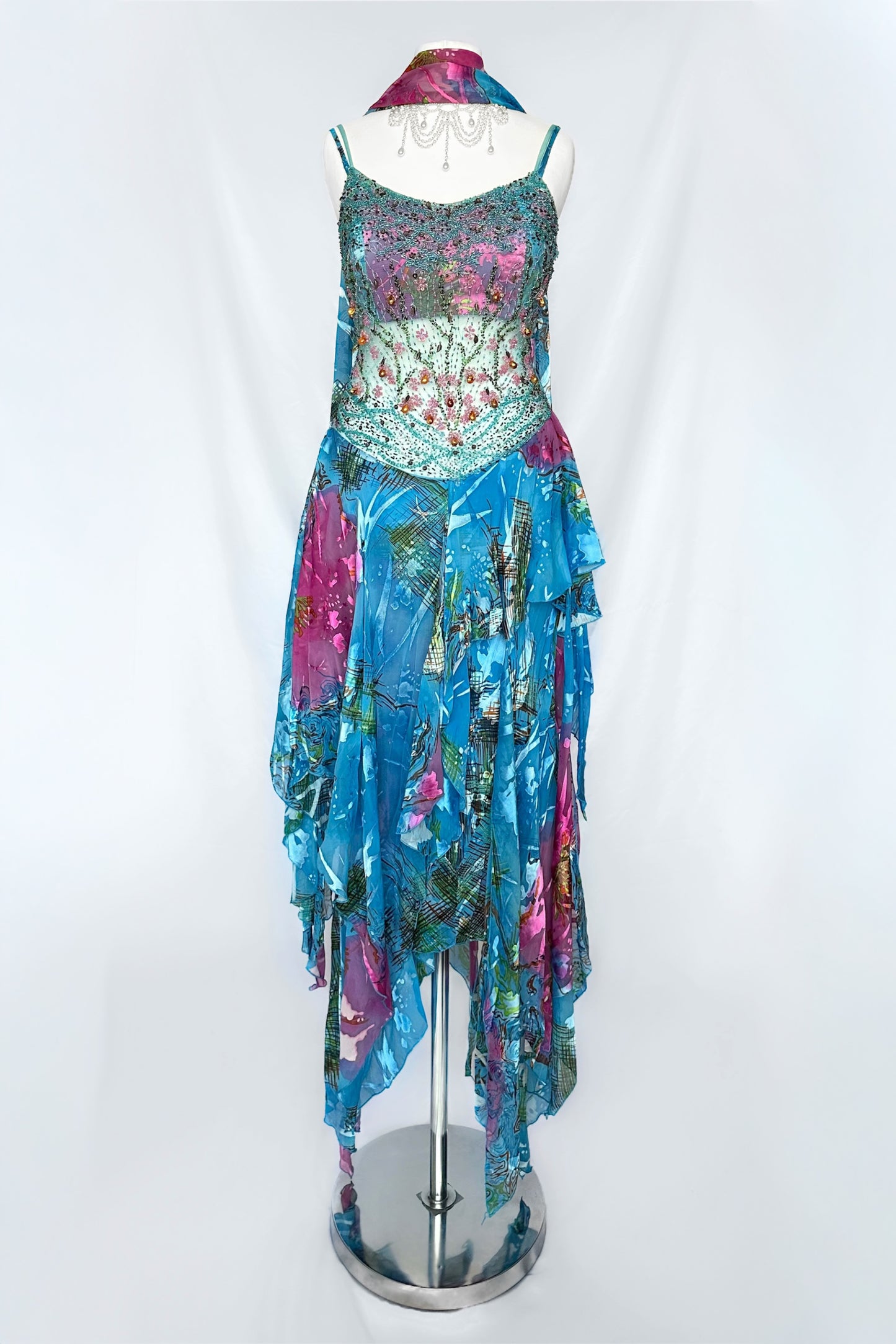 TROPICAL OCEAN PRINCESS SILK EMBELLISHED MIDI DRESS WITH MATCHING SCARF