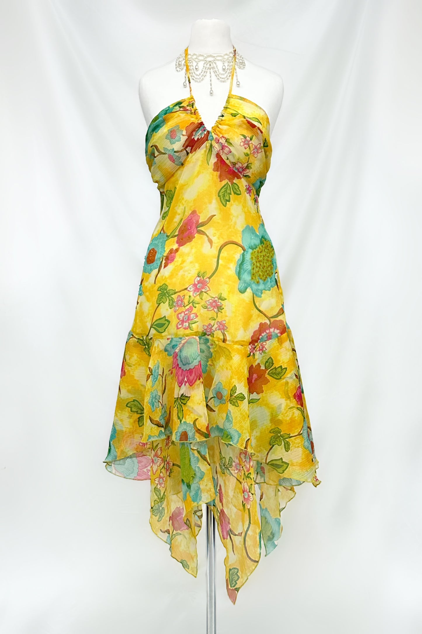 Golden Watercolour Floral Chiffon Halter Dress