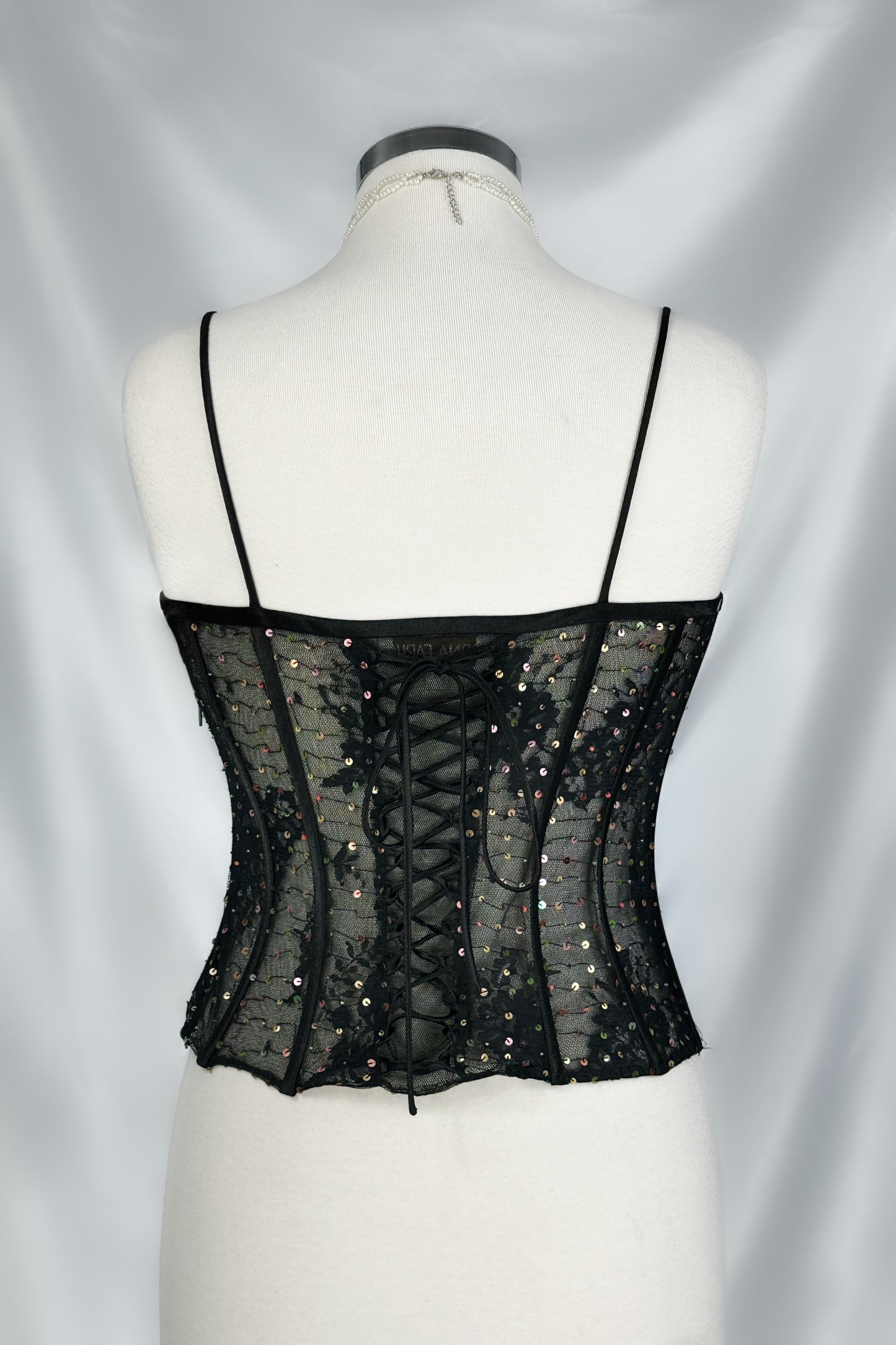 90s French Mesh Embellished Black Corset Top