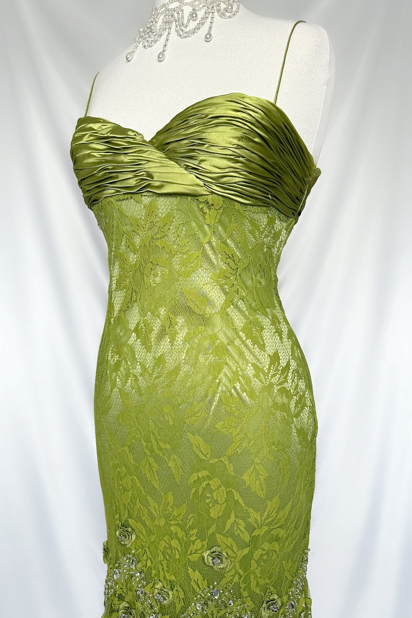 GREEN LACE FLORAL DIAMANTÉ EMBELLISHED MIDI DRESS WITH MATCHING CARDIGAN