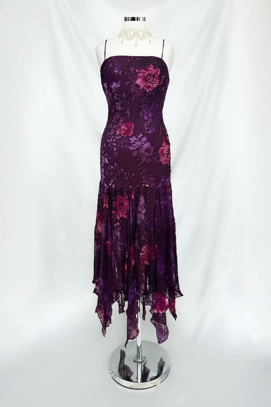Twilight Orchid Silk Embellished Handkerchief Midaxi Dress