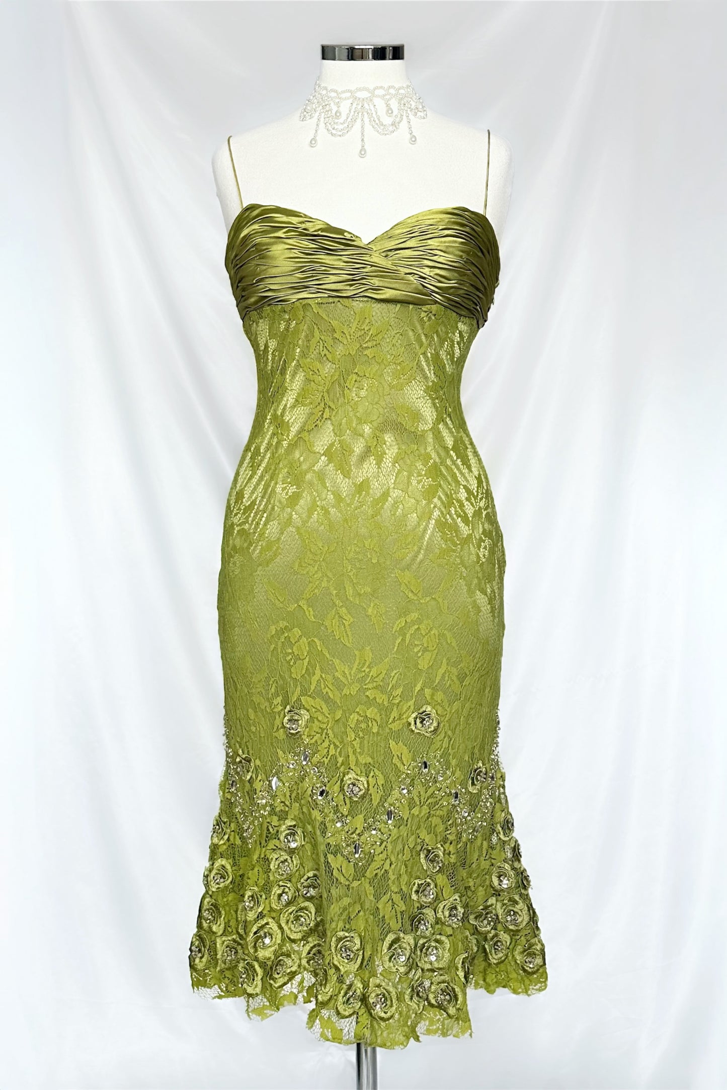 GREEN LACE FLORAL DIAMANTÉ EMBELLISHED MIDI DRESS WITH MATCHING CARDIGAN