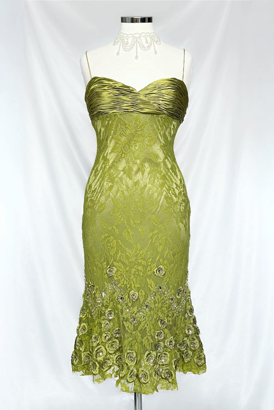 GREEN LACE FLORAL DIAMANTÉ EMBELLISHED MIDI DRESS WITH MATCHING CARDIGAN