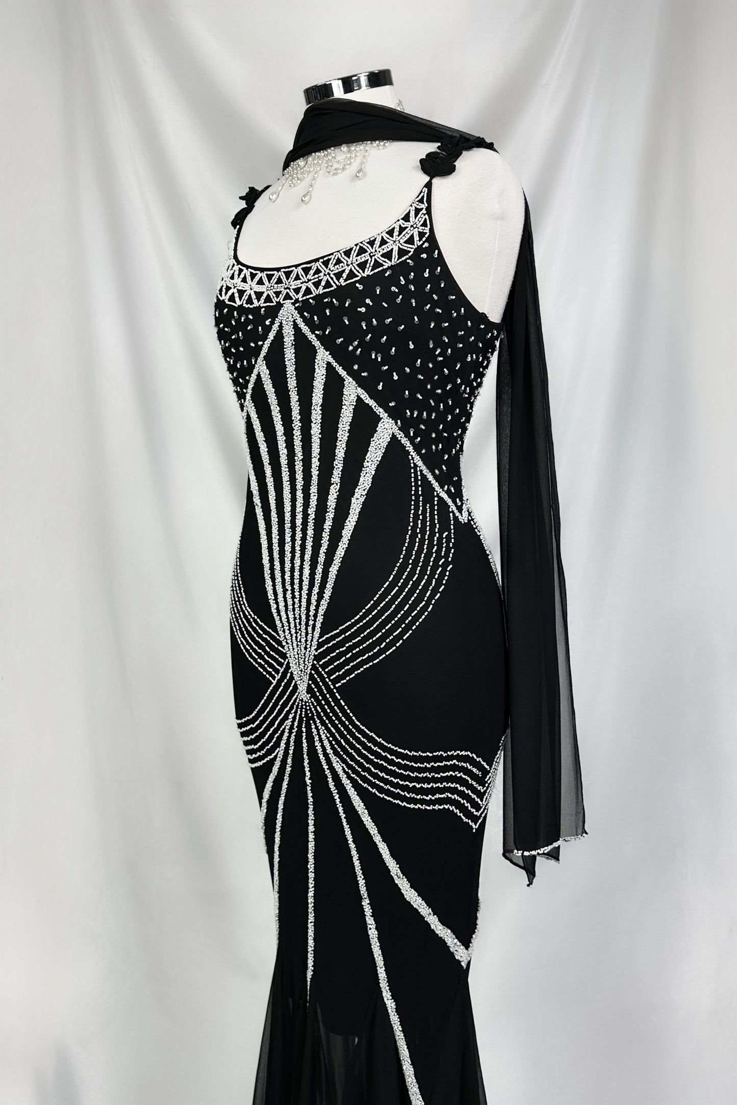 MIDNIGHT STARDUST NOIR SILK EMBELLISHED MAXI DRESS & MATCHING SCARF SET