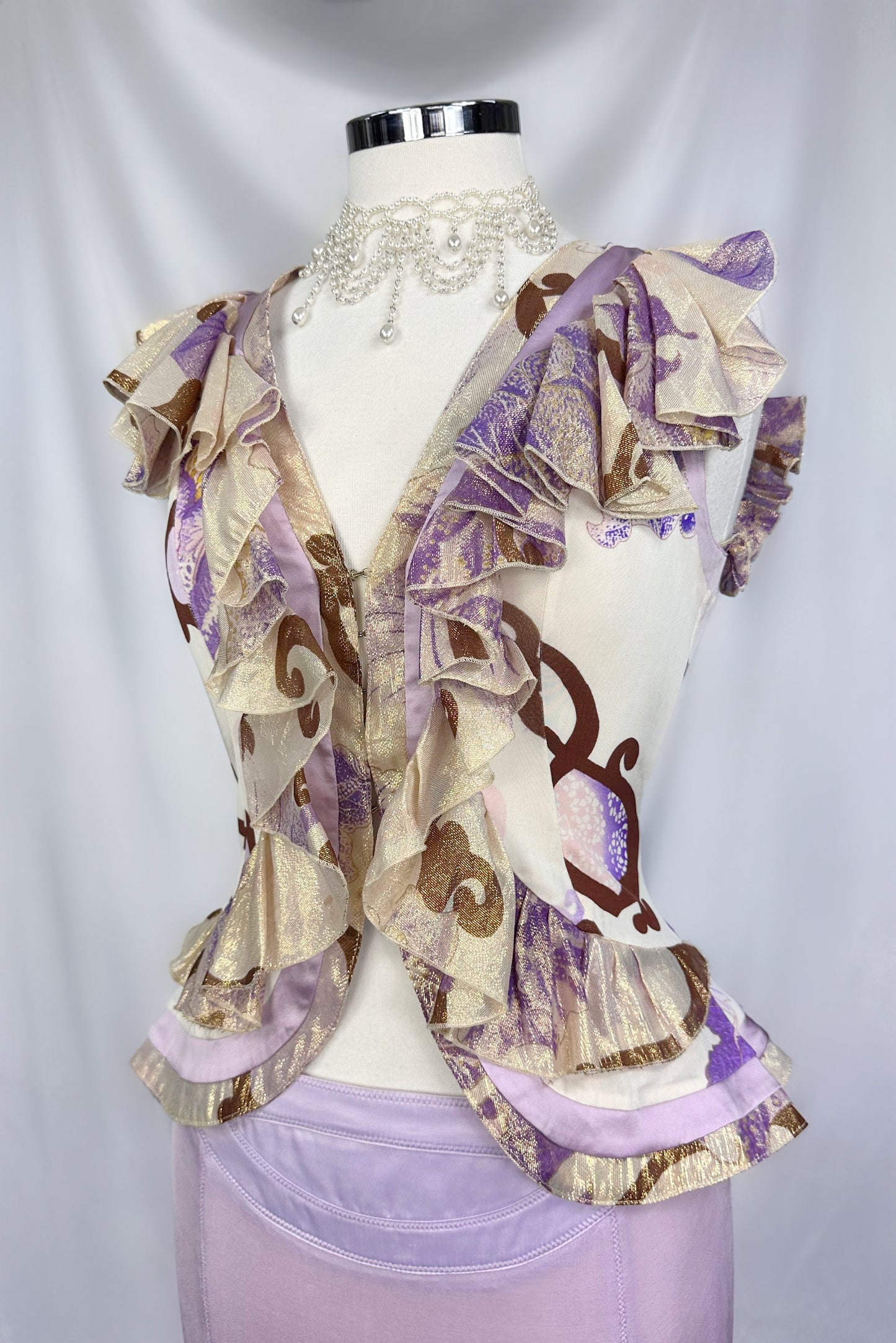 VINTAGE 00s ROBERTO CAVALLI LILAC GOLD RUFFLE PEPLUM TOP & SKIRT SET