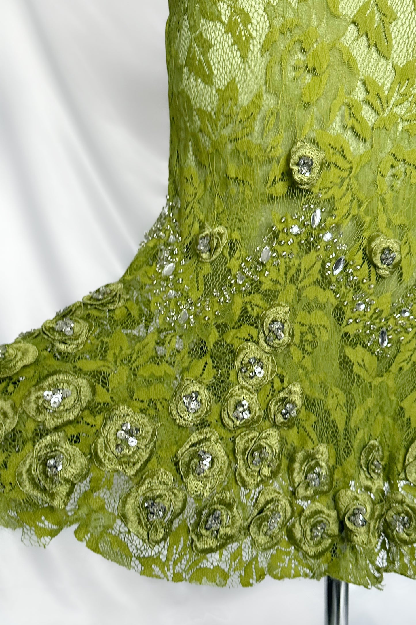 GREEN LACE FLORAL DIAMANTÉ EMBELLISHED MIDI DRESS WITH MATCHING CARDIGAN