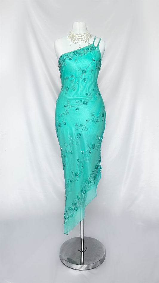 MINT BLUE IVY SILK EMBELLISHED ASYMMETRICAL MIDI DRESS