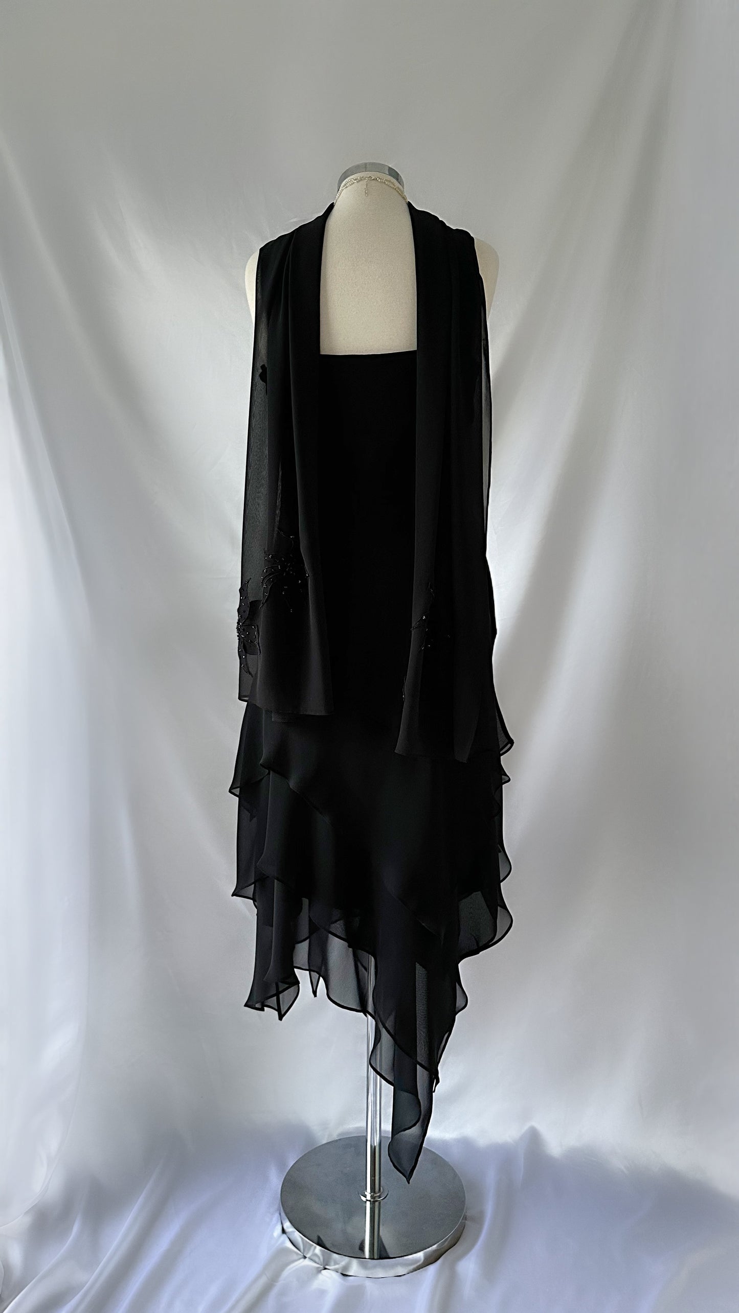 NOIR FLOWER EMBELLISHED ASYMMETRICAL DRESS & SCARF SET