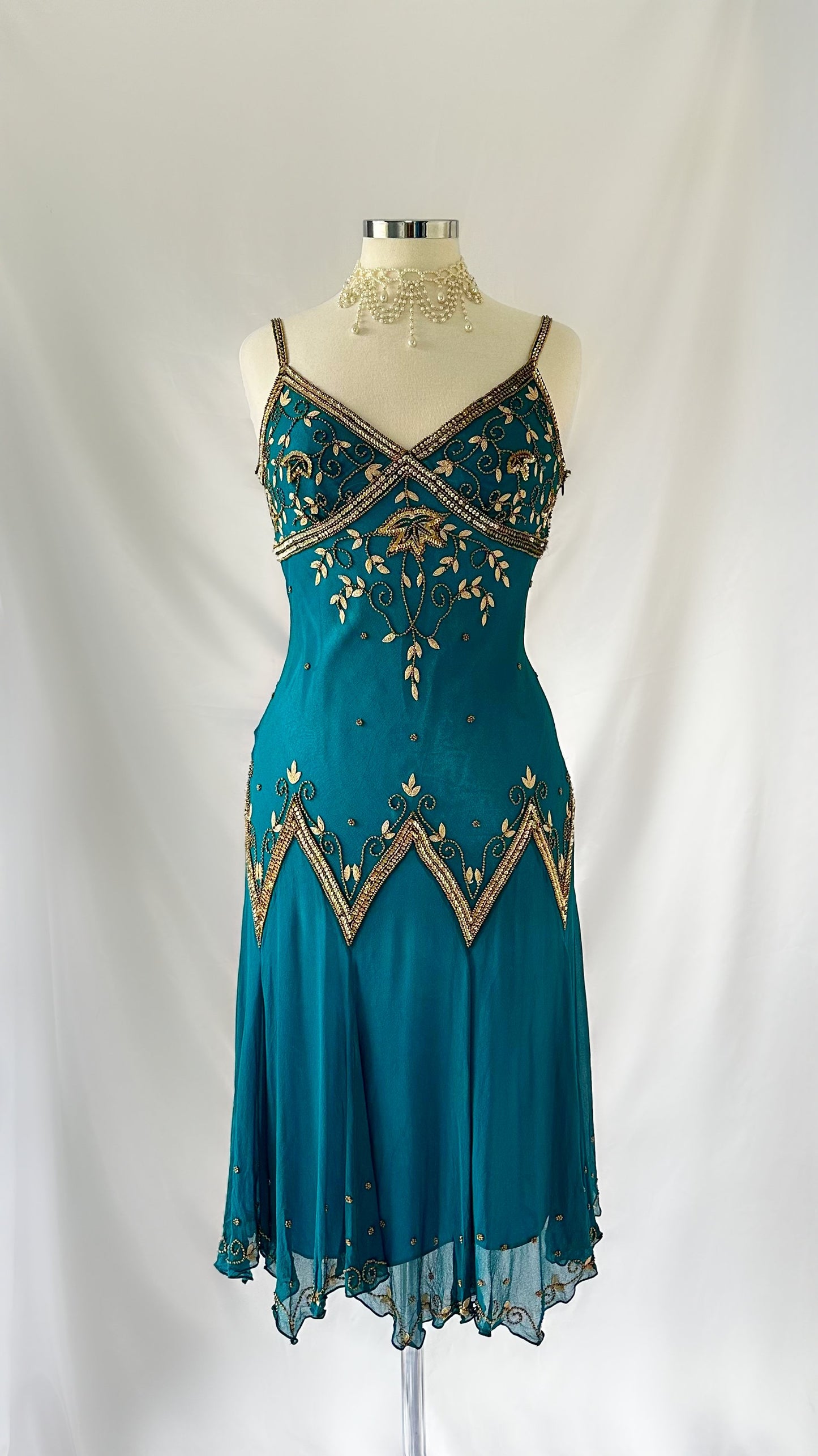 DARK TEAL GOLD FAIRY ENCHANTMENT SILK MIDI DRESS
