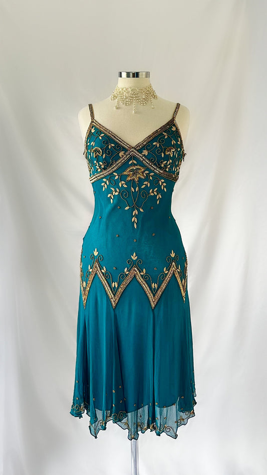 DARK TEAL GOLD FAIRY ENCHANTMENT SILK MIDI DRESS