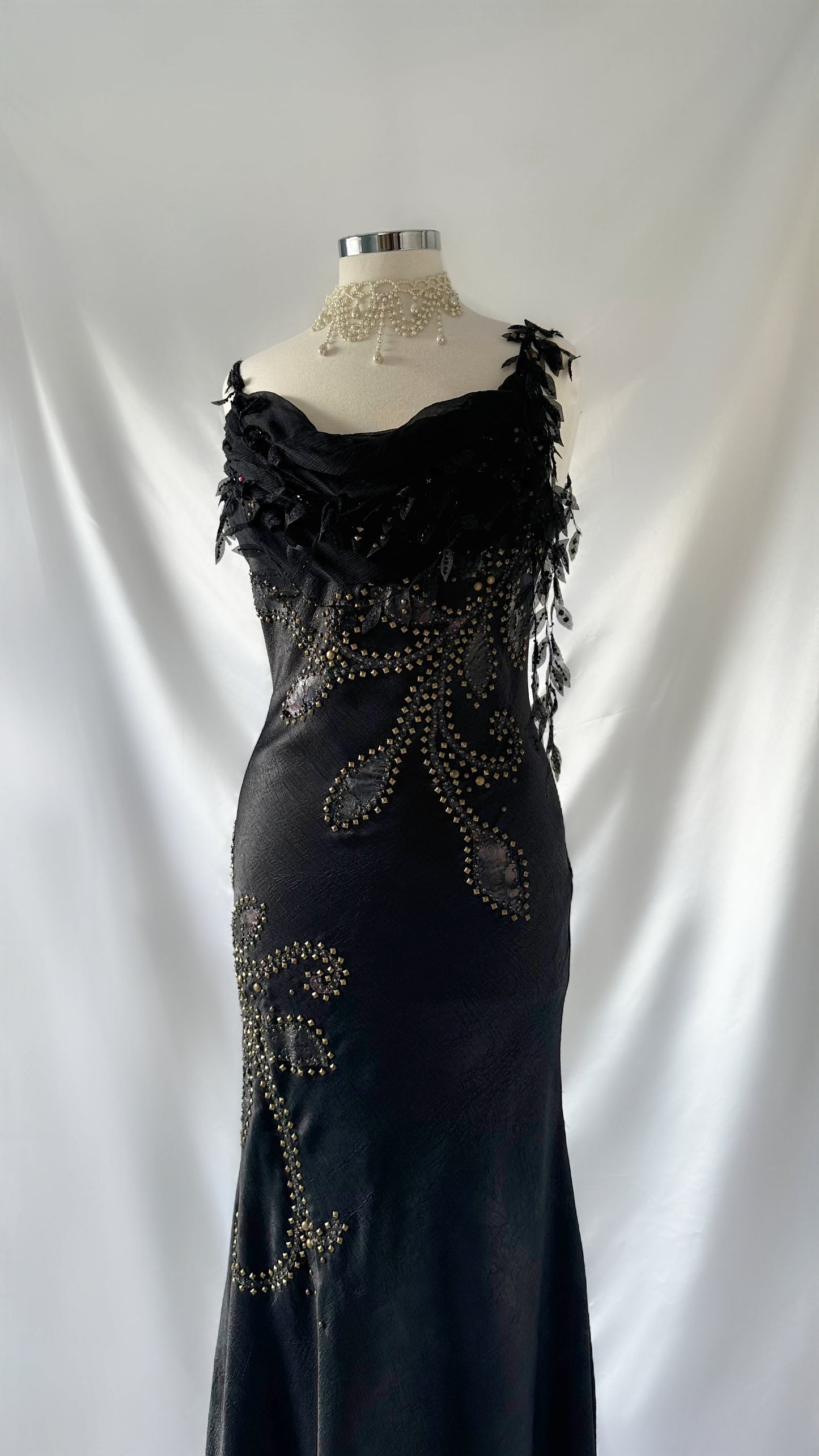 GRUNGE DRAPED FLORAL BUST METAL STUDDED GOWN