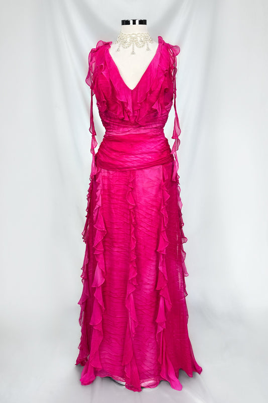 ROSE RUFFLE SILK BACKLESS MAXI DRESS