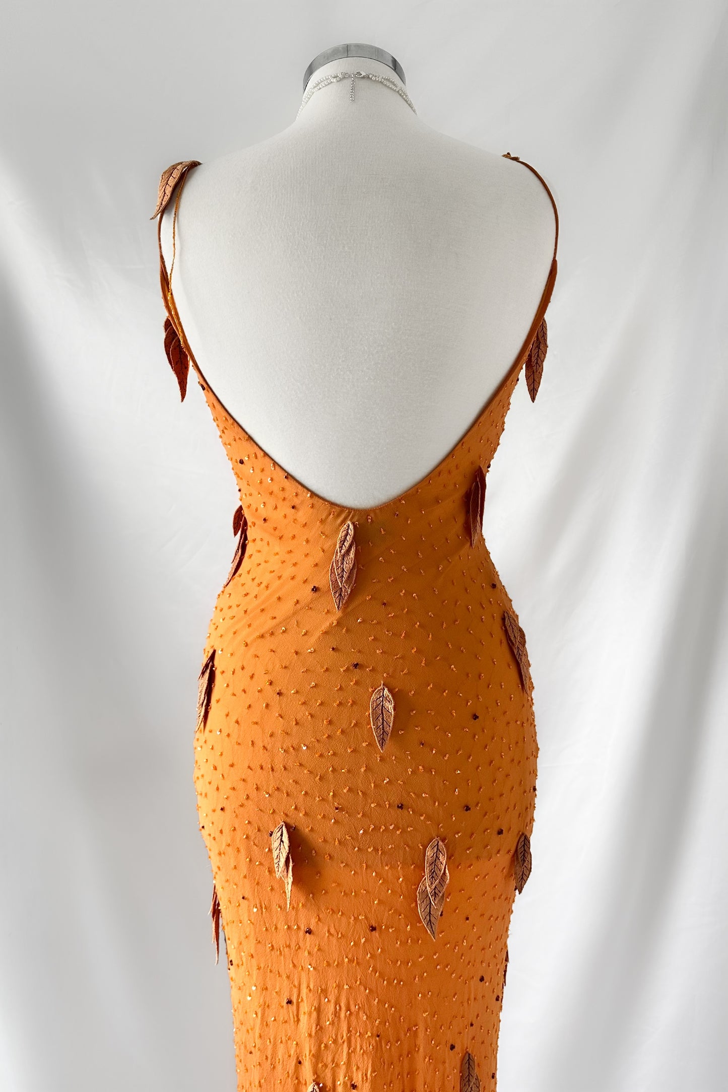 AUTUMN EMBER LEAF EMBELLISHED SILK MAXI DRESS