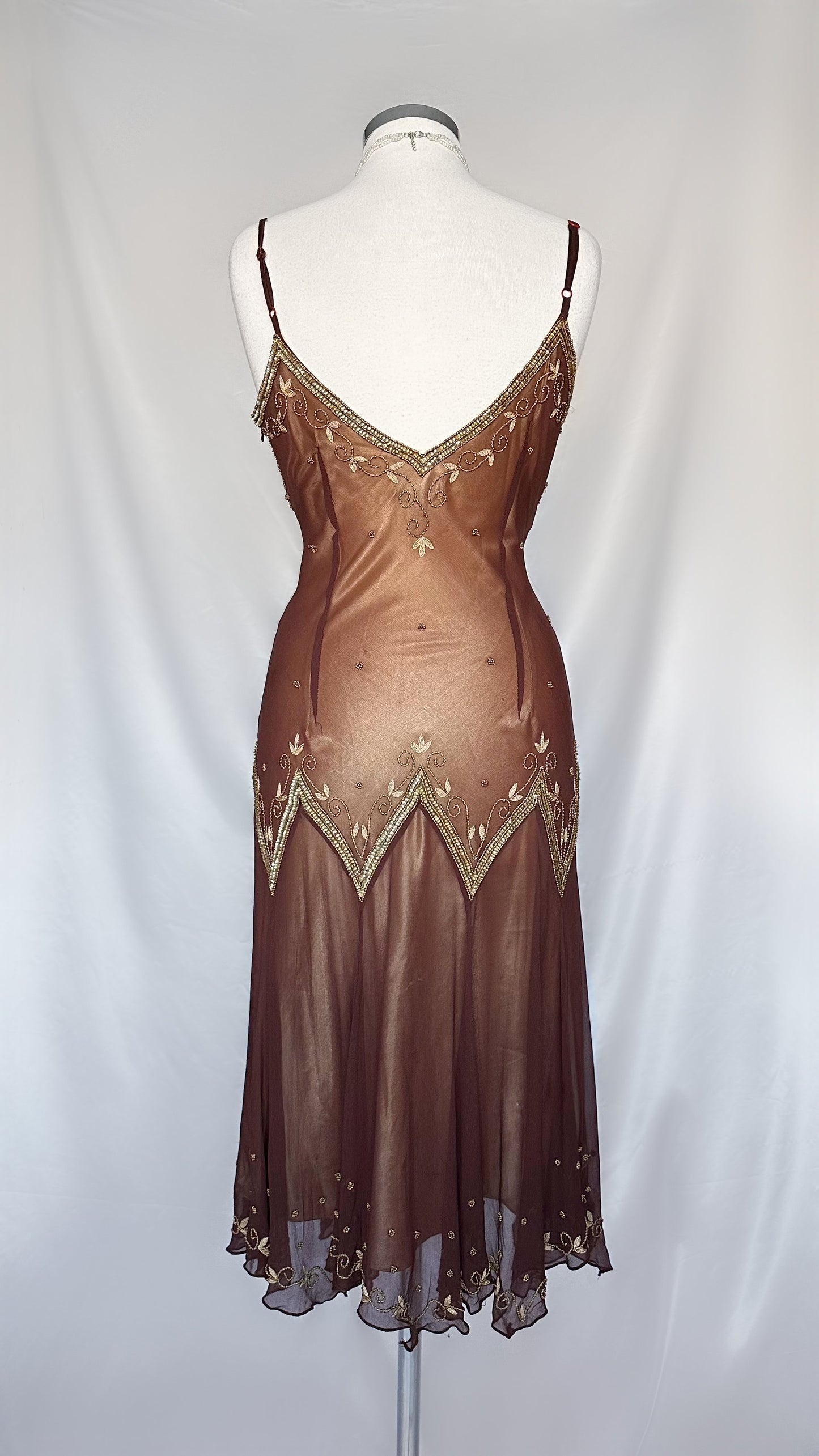 CHESTNUT BROWN & GOLD SILK  EMBELLISHED MIDI DRESS