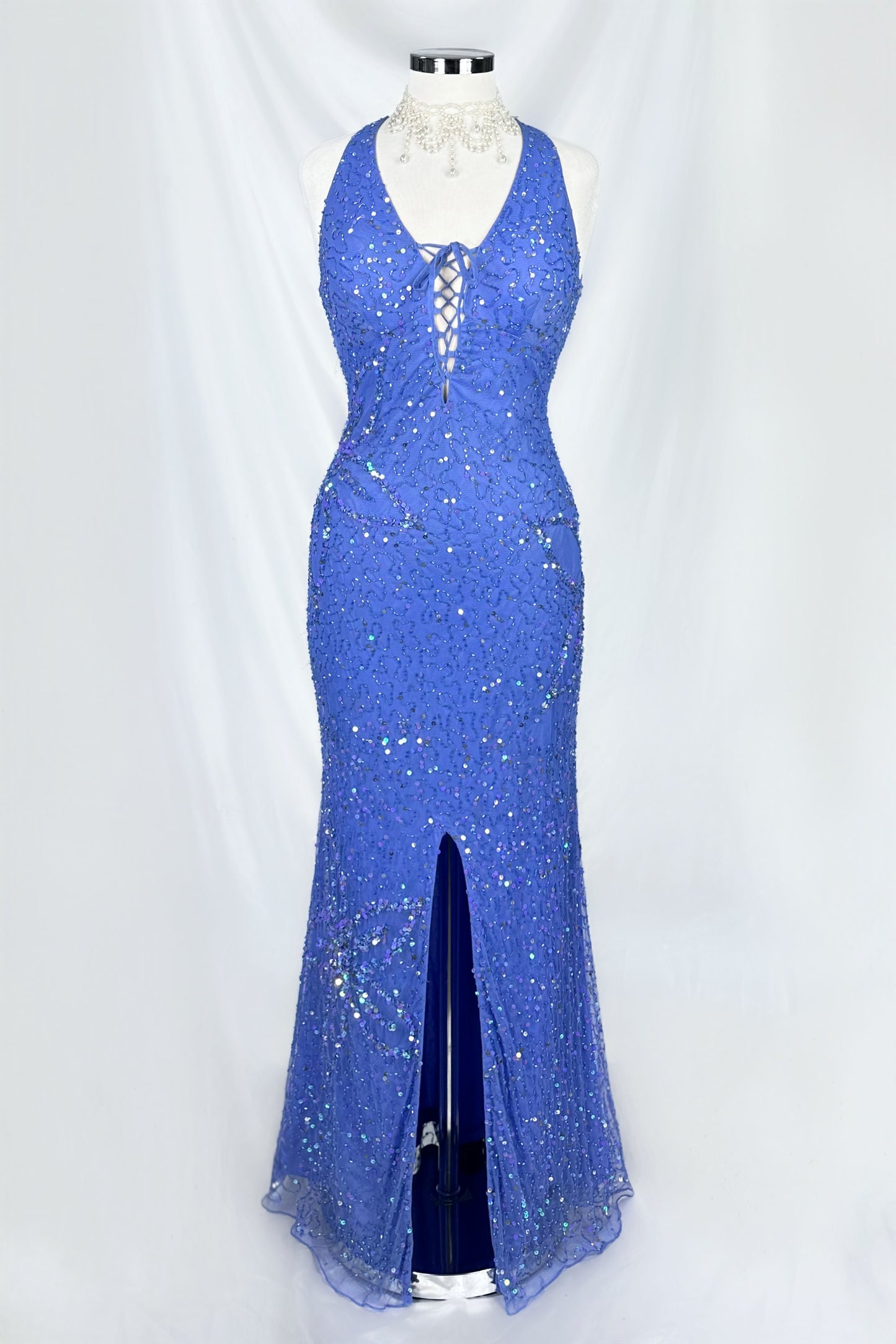 90s PROM QUEEN DARK PERIWINKLE EMBELLISHED BACKLESS MAXI DRESS