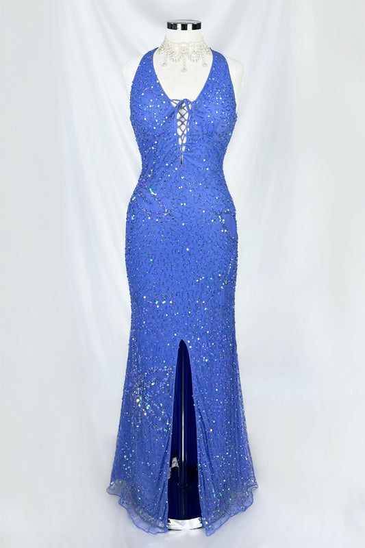 90s PROM QUEEN DARK PERIWINKLE EMBELLISHED BACKLESS MAXI DRESS