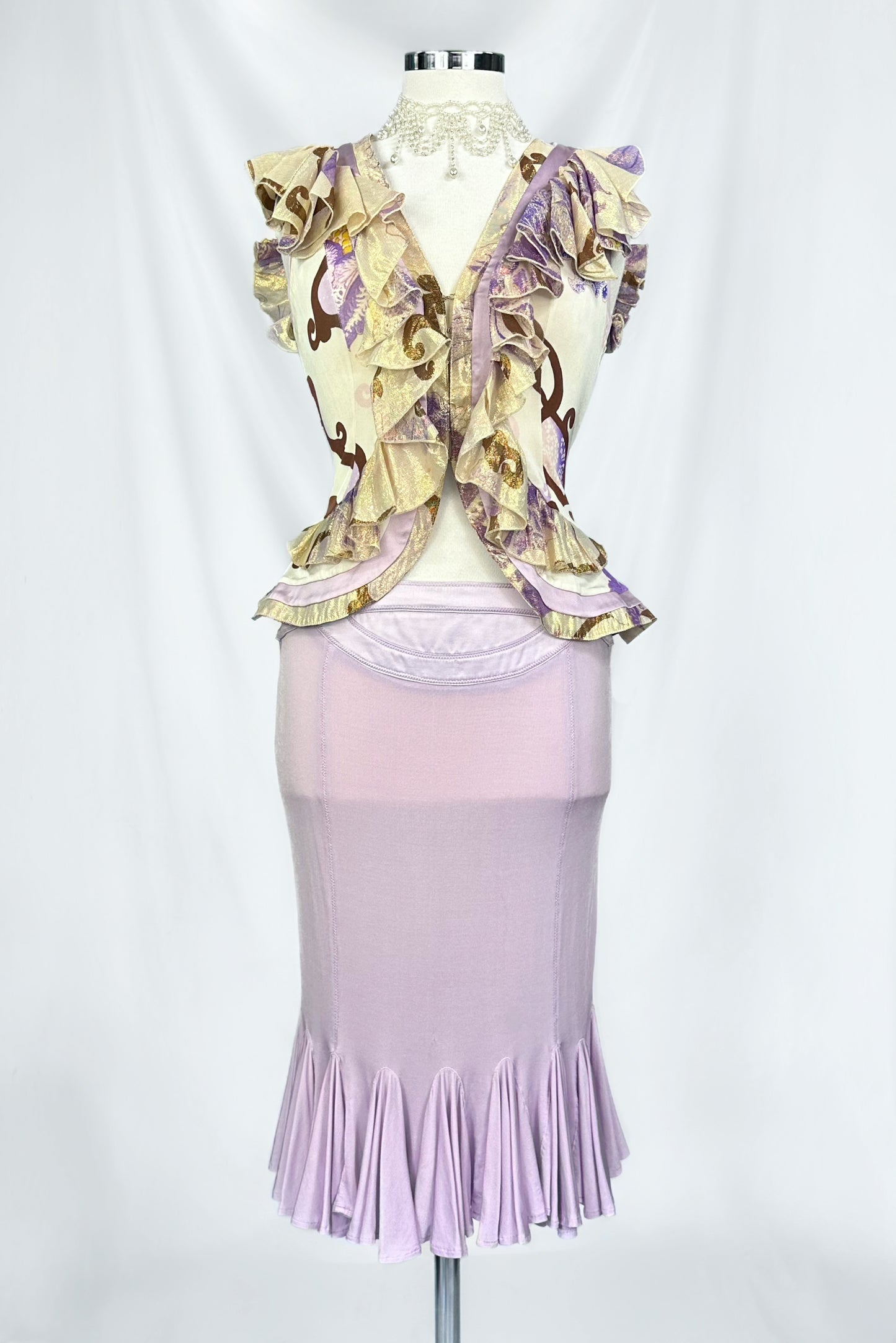 VINTAGE 00s ROBERTO CAVALLI LILAC GOLD RUFFLE PEPLUM TOP & SKIRT SET