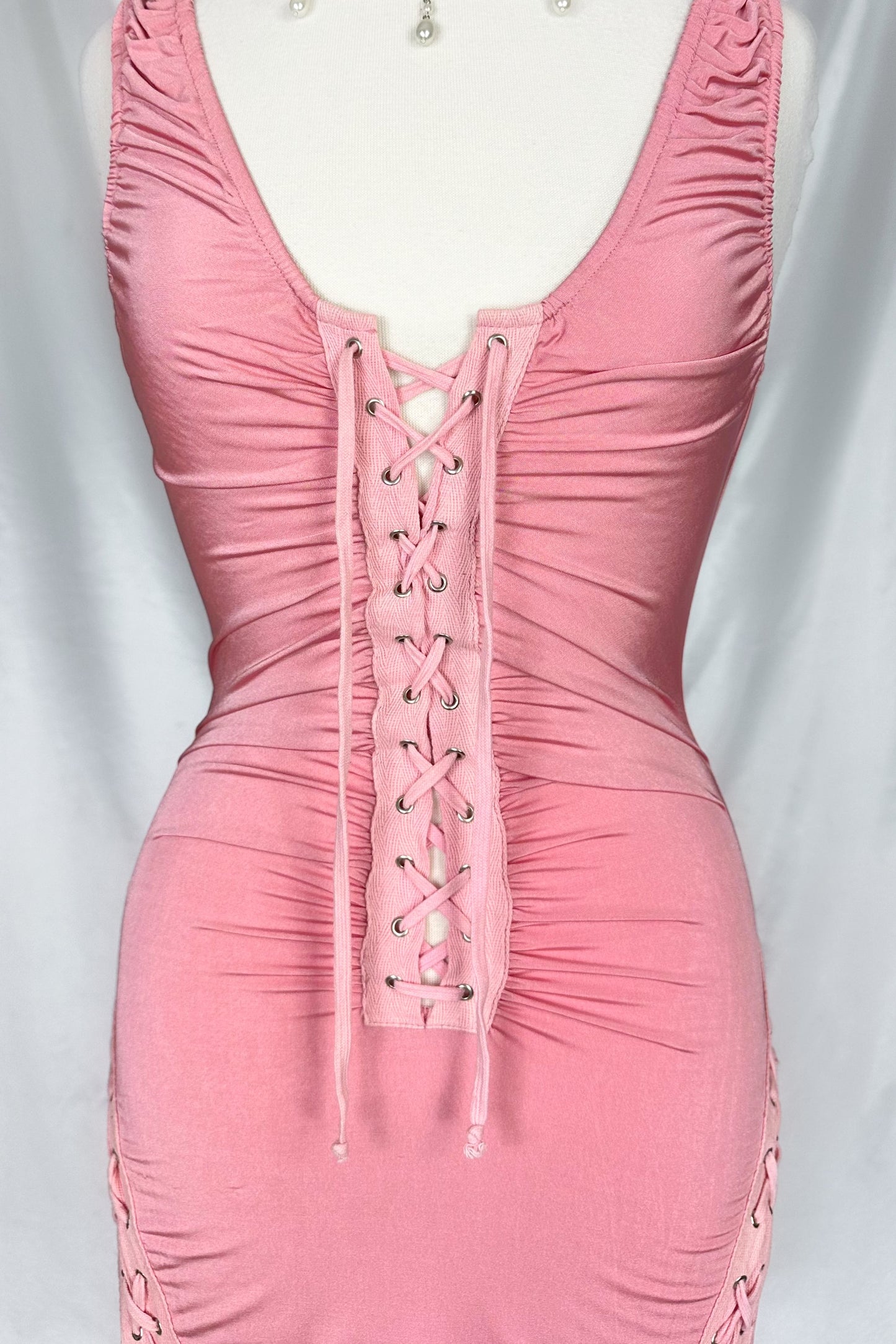 90s PINK CLUB RUCHED SLINKY LACE UP MIDI DRESS
